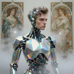 A portrait of Thom Yorke as a cyberpunk android, iridescent geometry, surrounded by Mist, highly detailed, intricate, soft, sci-fi, sharp focus, subsurface scattering, art by Caravaggio, Greg rutkowski, Sachin Teng, Thomas Kindkade, Alphonse Mucha, Norman Rockwell, Tom Bagshaw.
