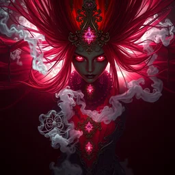necromancer glowing empress, by tom bagshaw and greg rutkowski, red fabric, fiber amethyst weaving into strands of smoke and brass and iron metal filigree joining into carbon fiber strands, fractal shapes, white explosions, dramatic lighting, ultra detail, close up, dof, smooth render, cinematic, octane render, art nouveau, fine art