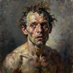 oil painting by christian rex van minnen portrait of an extremely bizarre disturbing mutated man with intense chiaroscuro lighting perfect composition masterpiece intense emotion