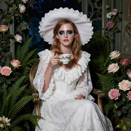 wearing raybands wall full body fashion model emma watson smokey eyes makeup eye shadow fantasy, glow, shimmer as victorian woman in a long white frilly lace dress and a large white hat having tea in a sunroom filled with flowers, roses and lush fern flowers ,intricate, night, highly detailed, dramatic lighting , high quality