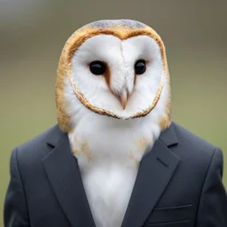 barn owl wearing a suit, barn owl in a suit, very detailed, album photo, canon shot