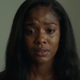 an cinematic headshot portrait of a beautiful black woman, pretty, sad, crying, low contrast, long hair, ultra realistic