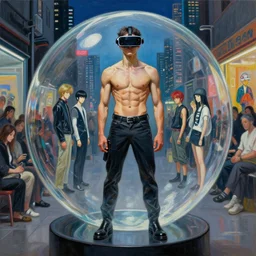 portrait full body muscle boy fashion show cyberpunk glass sphere vr futur beijing city shop by gaston bussiere, greg rutkowski, yoji shinkawa, yoshitaka amano, moebius, tsutomu nihei, donato giancola, tim hildebrandt, oil on canvas, trending onartstation, featured on pixiv, cinematic composition, extreme detail