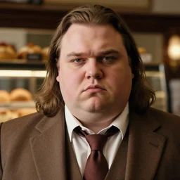 Close up portrait of a clean-shaven chubby man with long hair wearing a brown suit and necktie with a bakery in the background. Photorealistic. Award winning. Dramatic lighting. Intricate details. UHD 8K. He looks guilty.