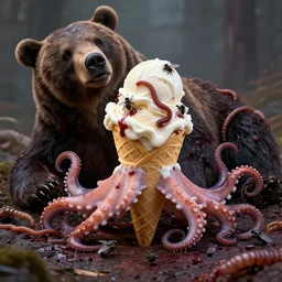 octopus ice cream cone at a dead corpse of a bear, worms, gnats, flies, spiderders, gross, unreal engine, realistic, food pic, horror, beyond disgusting