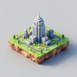 isometric square 3d Render of voxel island with big building on the center, island is on the center of an image, on the island there is city with animals, no background, low poly, vray render 4k