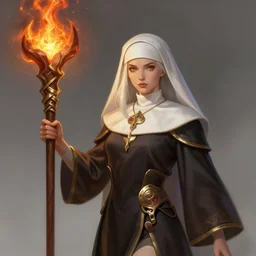 a highly detailed illustration of beautiful platinum blonde nun paladin wielding giant flaming wooden lance, powerful wielding wooden lance pose, perfect face, intricate, elegant, highly detailed, centered, digital painting, artstation, concept art, smooth, sharp focus, league of legends concept art, wlop.