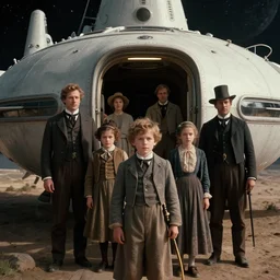 35mm still from a sci fi blockbuster movie made in 2022, set in 1860, of a family leaving a spaceship, that has just landed on an alien planet, wearing 1850s era clothes, cinematic lighting, 4k, in focus faces, oscar winner, high quality photography