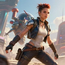 a punky girl who looks like a mix between natalie portman and mila johovich!!! as a space fighter punk rock pilot!!! cg render!! digital illustration portrait design by, mark brooks and brad kunkle detailed, gorgeous lighting, wide angle action dynamic portrait