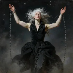 briareus with light white hair and a black vest, windy, chains on hands, flying hands in background, stars, stoic, modern maximalist fashion dress, is ( ( with arms half lifted toward us ) ). light dust, magnificent, hyperdetailed, theatrical, painted by jean honore fragonard and greg rutkowski