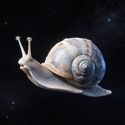 a spaceship in the shape of a snail flying through space