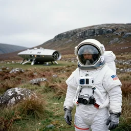 tourist in space suit on the Isle of Harris, Scotland, a spaceship in the background, 35 mm lens, medium format camera, photorealistic, rocky, hills, grass