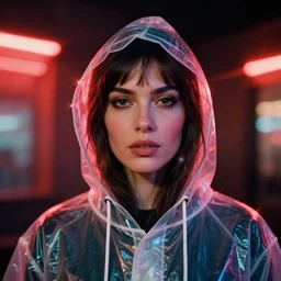A hyper realistic and detailed head portrait photography of a woman wearing a futuristic transparent raincoat with hoodie by annie leibovitz. Neo noir style. Cinematic. Red neon lights and glow in the background. Cinestill 800T film. Lens flare. Swirly bokeh.