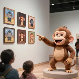 audience pointing and laughing at cartoon monkey jpeg nft's in museum, 4 k