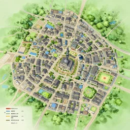 a town map with town hall and playground, artstation, concept art, ghibli