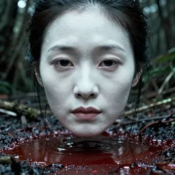 movie still close - up of a white japanese female ghost face floating on blood puddle, swamp backround, cinestill 8 0 0 t 3 5 mm eastmancolor, heavy grain, high quality, noir, natural textures, photorealistic, ambient occlusion, hd, ultra wide lens, anamorphic