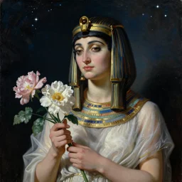 a painting of cleopatra holding flowers. star lit sky, ultra realistic.