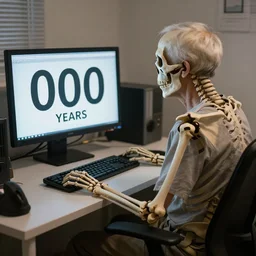 a aged skelet sitting behind a computer desk waiting for 1 0 0 0 years staring at the screen