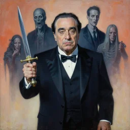 painting of danny devito holding a ceremonial dagger, by zdzislaw beksinski, by dariusz zawadzki, by john jude palencar, by micheal whelan, gothic, surrealism, cosmic horror, lovecraftian, cold hue's, warm tone gradient background, concept art, beautiful composition
