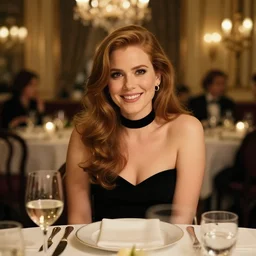 dinner with amy adams smiling sitting across the camera wearing a black choker staring into the camera in an expensive private restaurant, 1 9 7 0, intricate, elegant, tasteful, highly detailed, shallow depth of field, artgerm, donato giancola, joseph christian leyendecker