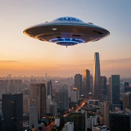 UFO flying over a futuristic city, high definition, sunset