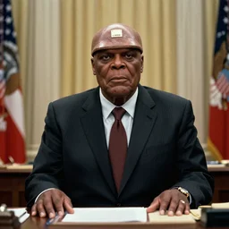 photograph of klingon worf as president of the united states ( ( wearing a suit and tie ) ), in the oval office interior, klingon weapons decorating the walls, realism, moody,, detailed, skin tinted a warm tone, realistic, photoreal