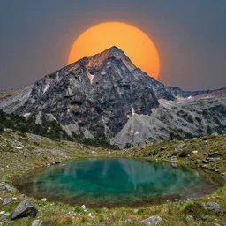 A big and beautiful mountain with a clear pond in front of it and an orange sun behind the mountain, professional photography