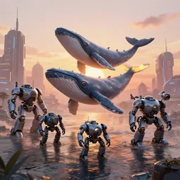 An army of futuristic whales robots above a futuristic city with the sunset by Paul Lehr