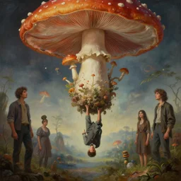 a painting of a human descending from sky with magic mushrooms, in style of Gregory Crewdson, Mark Keathley, Lilia Alvarado, Greg Hildebrandt, by Android Jones, octane renderer, unreal engine, hyper detail, high textures, hyper sharp, insanely detailed and intricate, super detailed, 4k HDR high quality