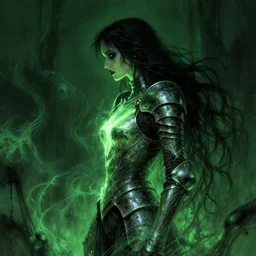 side profile, imogen poots, possessed, corrupted armor, luminescent, haunted, evil inky swirly ripples, sickly green colors, by greg manchess, huang guangjian, gil elvgren, sachin teng, greg rutkowski, jesper ejsing, ilya kuvshinov