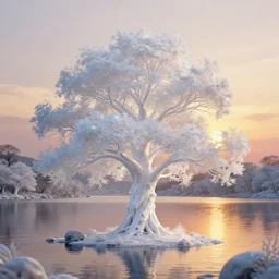 an enchanted white shimmering iridescent tree in the middle of a stunning fantasy lakescape during sunset, golden hour, soft illumination, by daniel conway, daniel jean - baptiste and andreas rocha, highly detailed, fantasy, concept art, trending on artstation, matte painting, sharp focus, beautiful