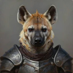 A detailed matte oil on canvas head on symmetrical portrait of a man with the head of a hyena wearing heavy armor by Charlie bowater, Lise Deharme, Wlop, trending on artstationhd,  dungeons and dragons art, critical role