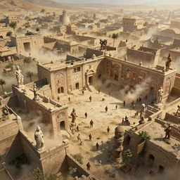 epic Aerial view of an ancient Byzantine city, full of strange statues and murals, full of smoke and dust, hyper real, Indiana Jones, Tomb Raider, trending on artstation, concept art, city