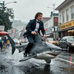 first official image from bond 2 6, starring adam driver as agent 0 0 7, riding a shark through the streets of valparaiso, chile in heavy rain. directed by alejandro inarritu. stunning cinematography, kodak vision 2 0 0 t, high contrast, anamorphic lens, chromatic aberration.