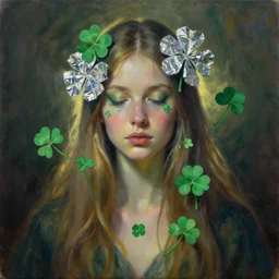 priestess of trefoils, tinfoil and clovers. oil painting by award - winning concept artist. backlighting, chiaroscuro.