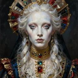 closeup painting of uncannily beautiful androgynous albino wearing rococo byzantine clothes and face paint, science fiction by j. c. leyendecker, bosch, alphonse mucha, greg rutkowski, and beksinski