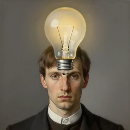 portrait of a man, his head is a lightbulb, by rene magritte, detailed painting, hd, hq, high resolution, high detail, 4 k, 8 k