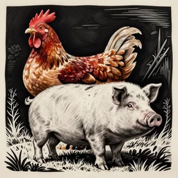 a mix of a chicken and a pig, realistic, detailed, linocut