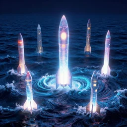mysterious glowing rockets over infinite rough sea, ( ( ( synthwave ) ) ), ( ( fractal waves ) ), bright neon colors, highly detailed, cinematic, tim white, michael whelan, caza, bob eggleton, philippe druillet, vladimir kush, kubrick, alfred kelsner