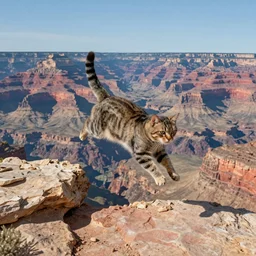 a cat jumping across the grand canyon in the style of van gogh