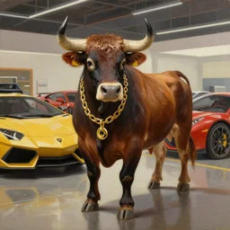 classic oil painting, a bull with a gold chain on his chest, standing in the middle of a car showroom, lamborghini, ferari, rich life, as a dnd character, highly detailed, digital illustration, concept art, smooth, sharp focus, art by greg hildebrandt, and tim hildebrandt