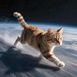 photo of hyperspeed flying through outer space cat running fast with motion blur