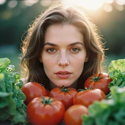 analog close up frontal face portrait photography of a beautiful woman surrounded by tomatoes and lettuces by annie leibovitz. vogue. kodak portra 8 0 0 film. ( depth of field ). whirl bokeh!!. golden hour. detailed. hq. realistic. warm light. muted colors. filmic. dreamy. lens flare. mamiya 7 ii, f / 1. 2, symmetrical balance, in - frame