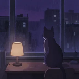 cat sitting on a desk with a lamp, looking outside a window, rainy city at night, moody dark violet color palette, lofi illustration by makoto shinkai