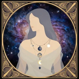 a portrait of a galaxy as an androgynous fairy spirit wearing five necklaces of moons and stars, draped in transparent cloth, flat colors, occult, minimal, swirly, bust by alphonse mucha, decorative art deco border, astrophotography, vast cosmos, digital illustration overlayed on photography, trending on artstation