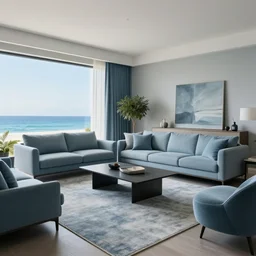 A modern living room in a ocean hues style, calm, realsxed style, harmony, wide angle shot, 8k resolution
