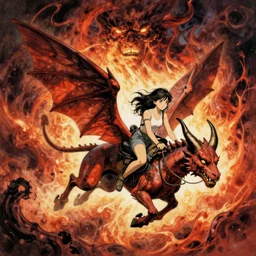 a girl riding a winged demon flies over hell art by moebius