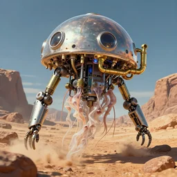 mechanical jellyfish robot machine in the rocky desert, dome portholes, brass pipes, detailed illustration, concept art, dynamic colour palette, highly detailed, high contrast, strong lighting