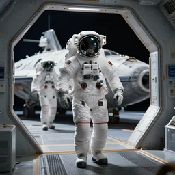 astronauts walking through a space portal with the spaceship in the background, photorealistic, ultra - detailed, 4 k high resolution, hdr shot, unreal engine rendering 4 k - n 5