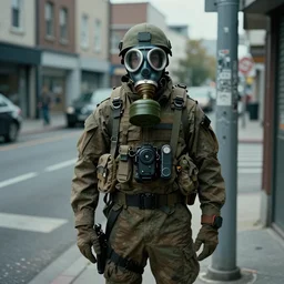 a hazmat soldier wearing a gasmask standing on a street corner, 8k, film still, cinematic, s- 150